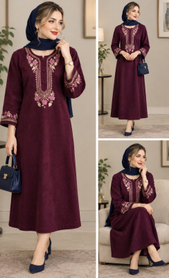 مانتو پاییزه مخمل کبریتی تمام گلدوزی 7686 زرشکی